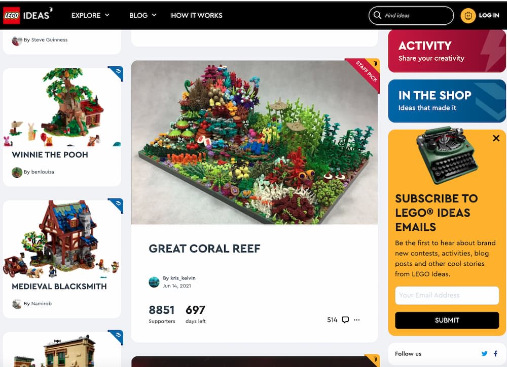 An example of a Community of Play - LEGO's brand-owned innovation community, Lego Ideas