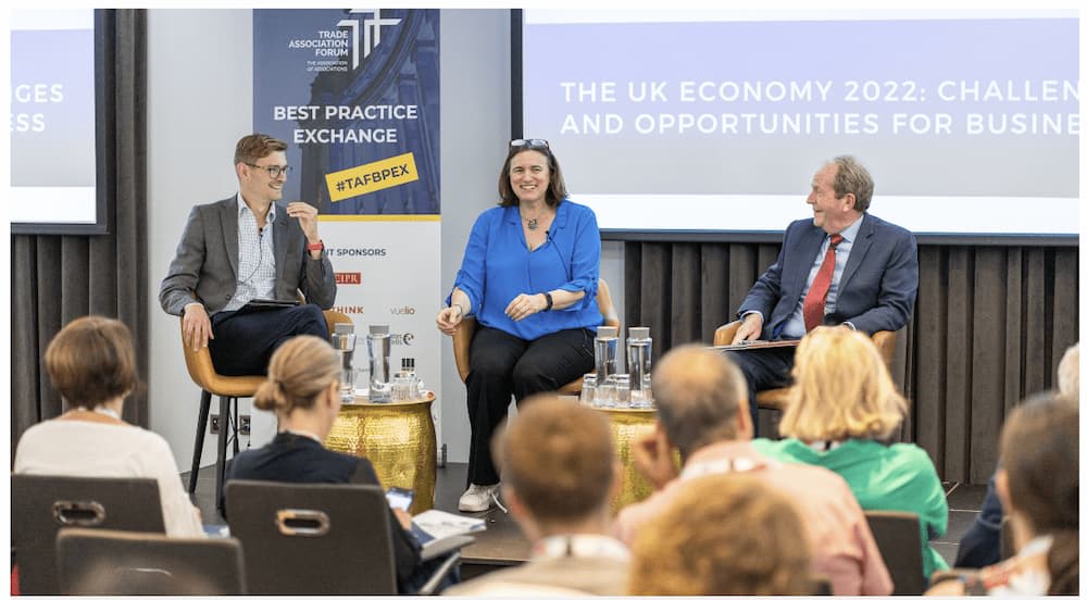 A panel of speakers at the Trade Association Forum's Best Practice Exchange 2022, chaired by TAF CEO Emily Wallace with speakers from CBI and Federation of Small Businesses