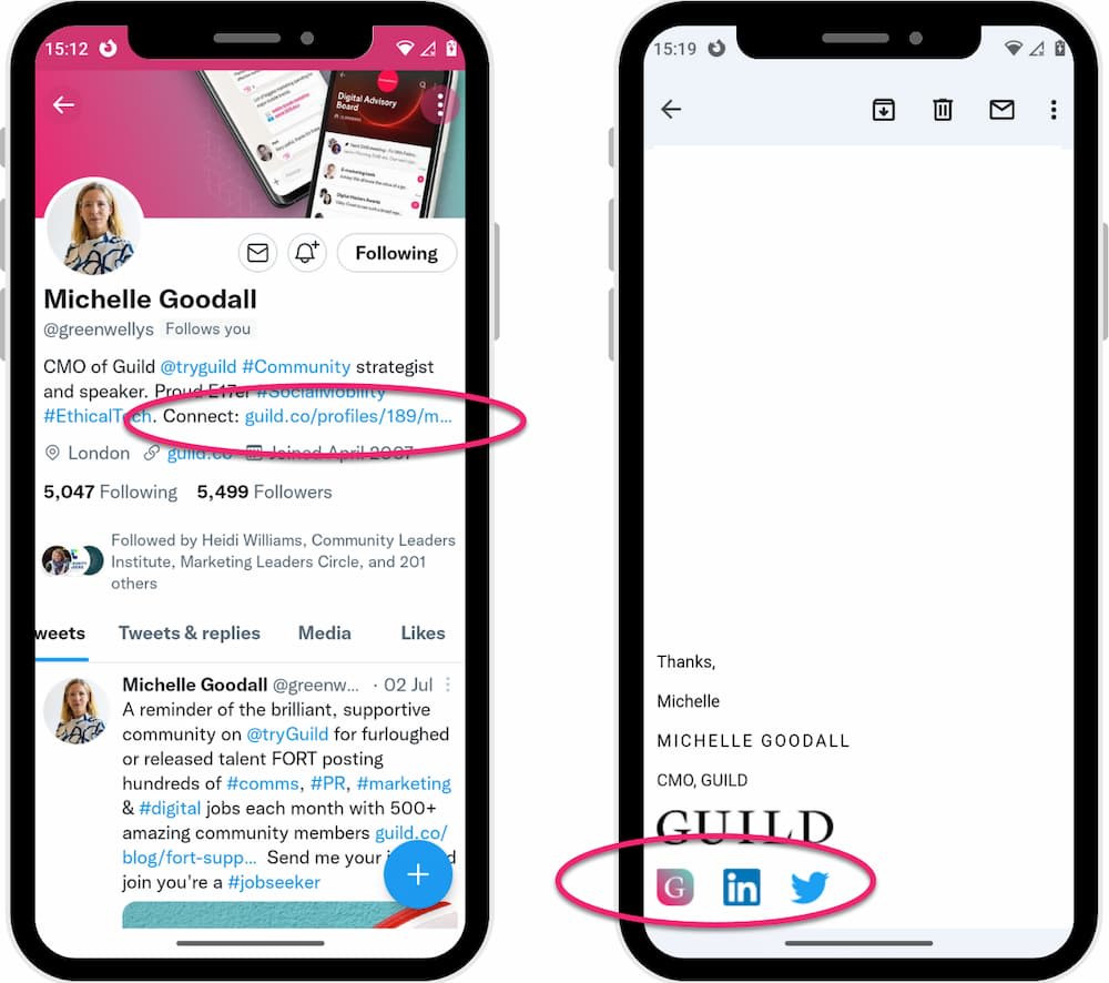 If your Guild profile is public, you can grow your network with links on your social media and email signature