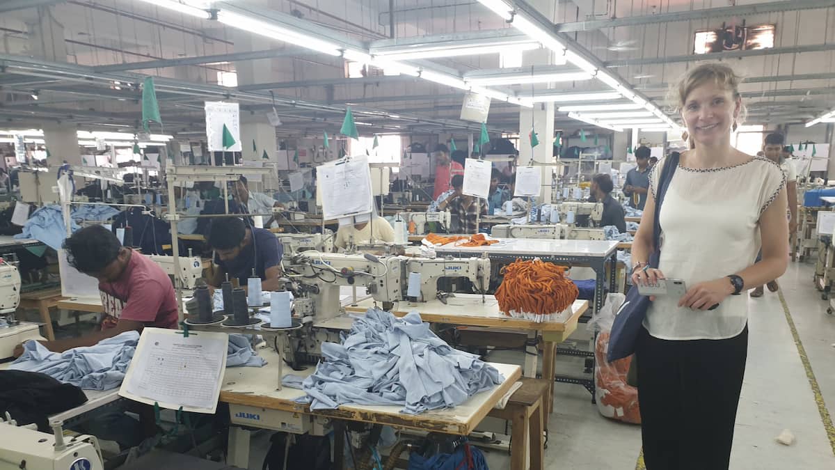 Sarah Jordan visiting one of the factories where Y.O.U. Underwear produces its ethical fashion