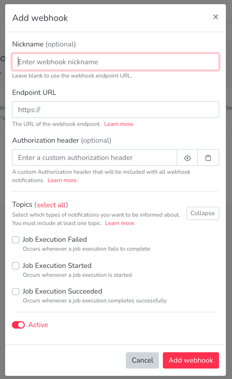 New webhook dialog