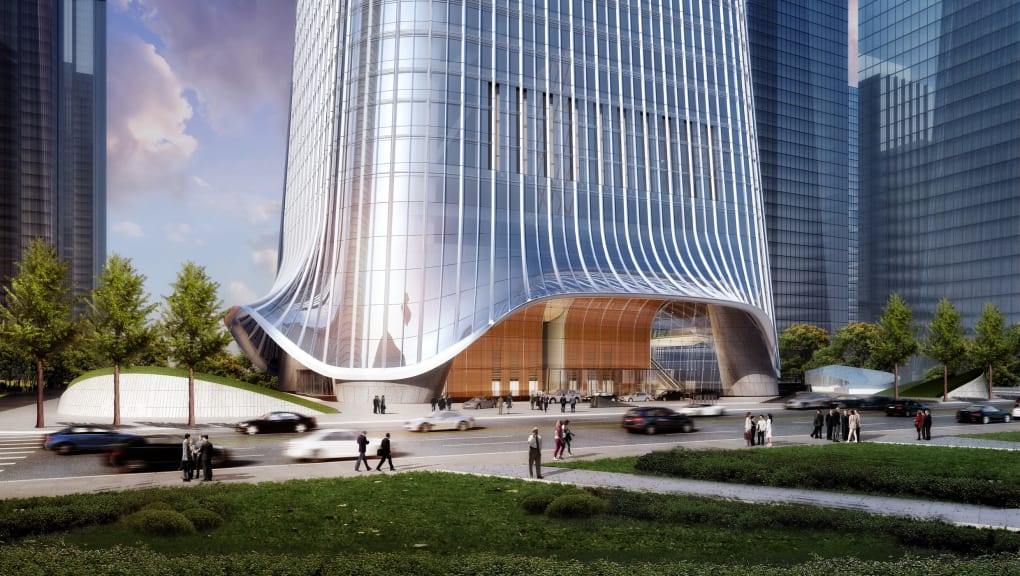 Wide angle view of the entrance of the CITIC Tower in Beijing