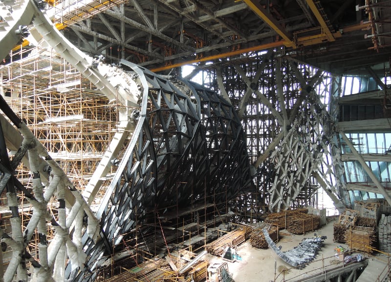 Wide angle interior view of construction work at the Morpheus Hotel