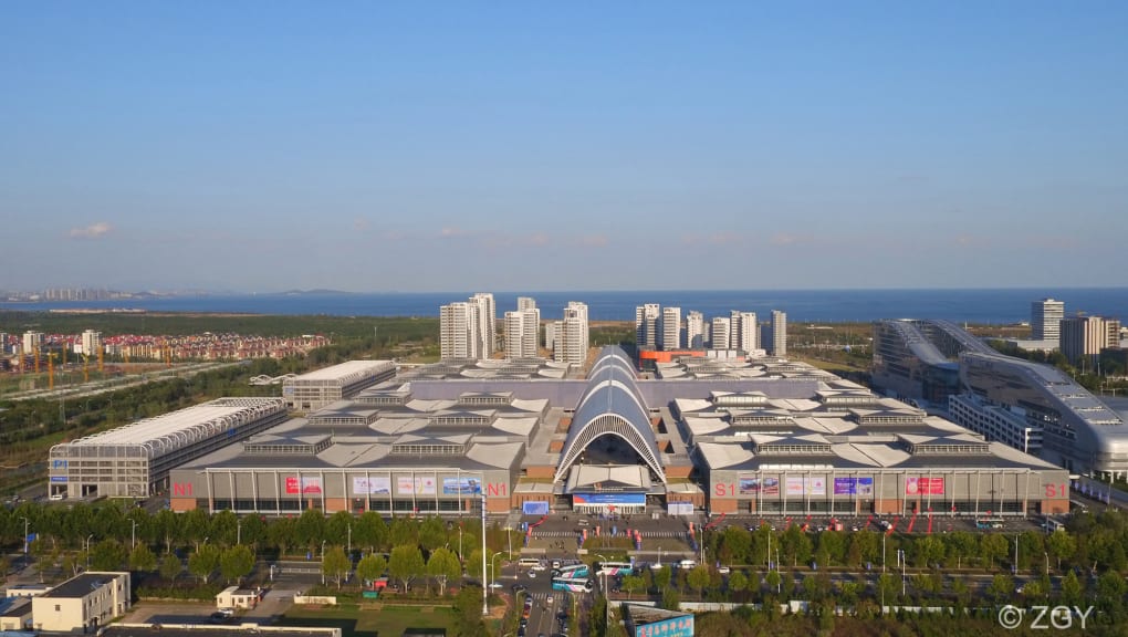 Exterior view of the Qingdao world expo city on a sunny day