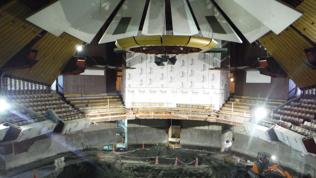 Interior construction view of the Christchurch Town Hall forum