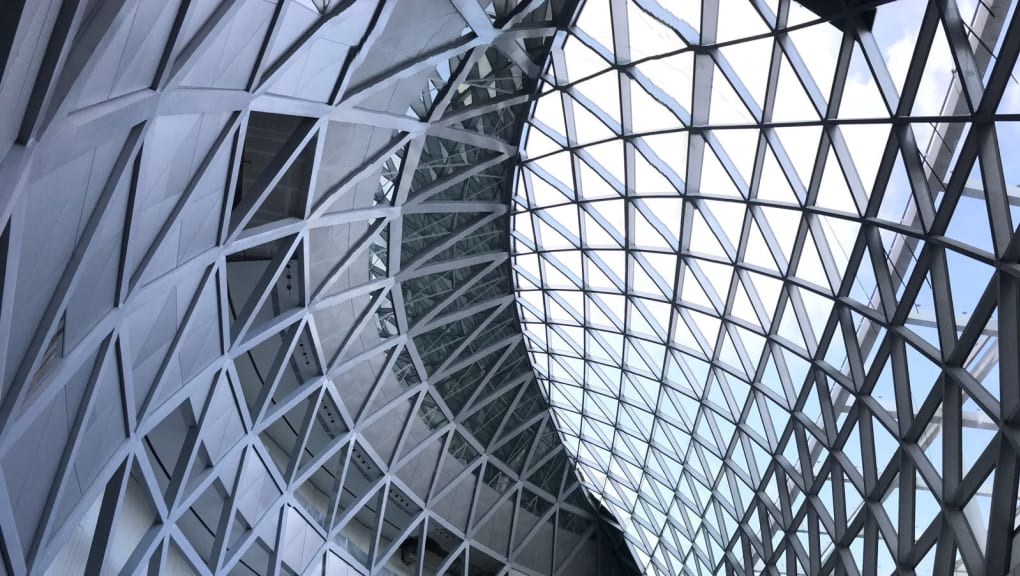 Interior view looking up at the interior design of the Jewel Changi Airport