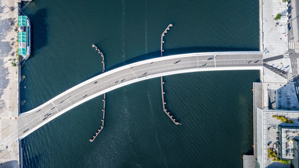 Lille Langebro桥的高架鸟瞰图