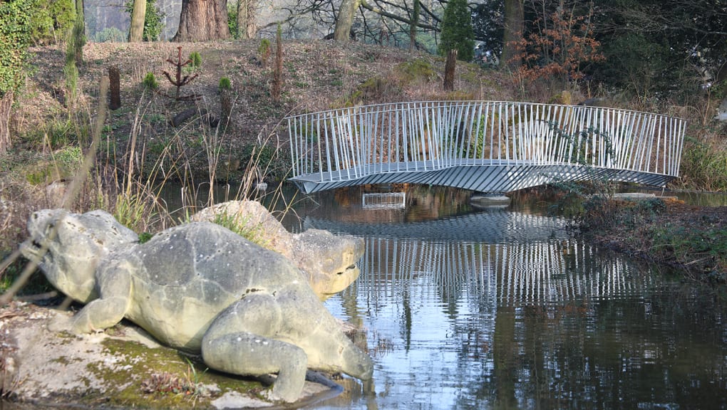 Side shot of the swing bridge in Crystal Palace park
