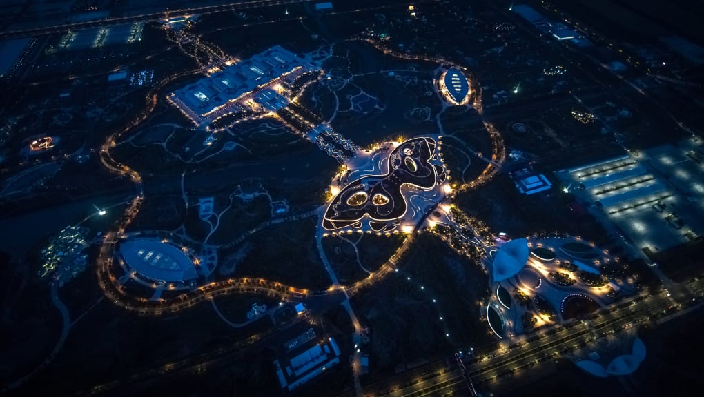 Aerial night time view of the Century Pavilion