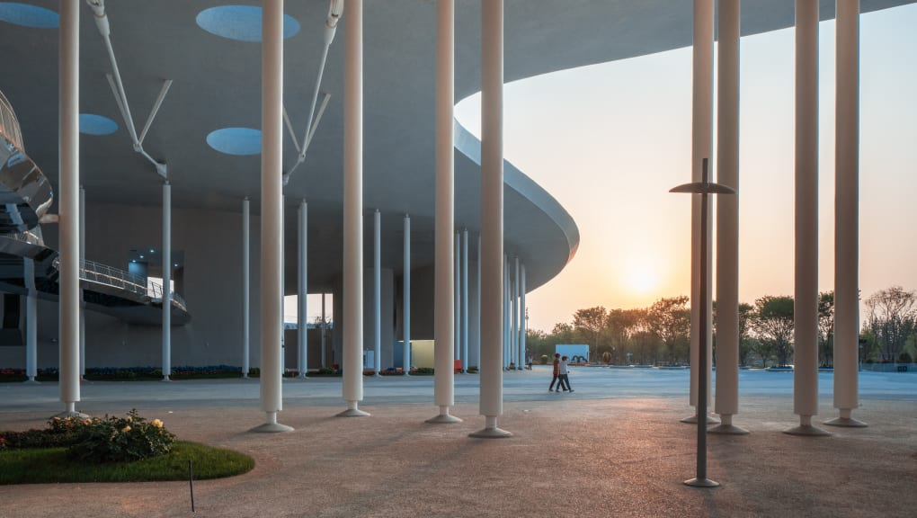 Exterior view looking through pillars at the Century Pavilion