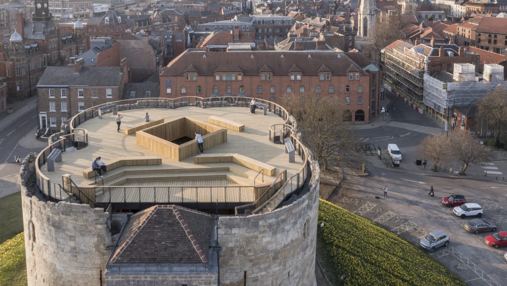 Aerial close up view of the roof terrace at Clifford's Tower