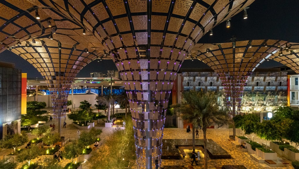 Exterior night time view of Expo 2020 Dubai