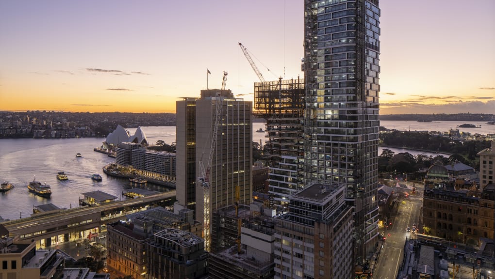 Exterior view of the Quay Quarter Tower at sunset