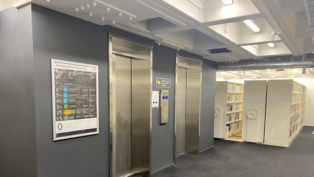 Interior view of the lifts in Rankine Brown Library
