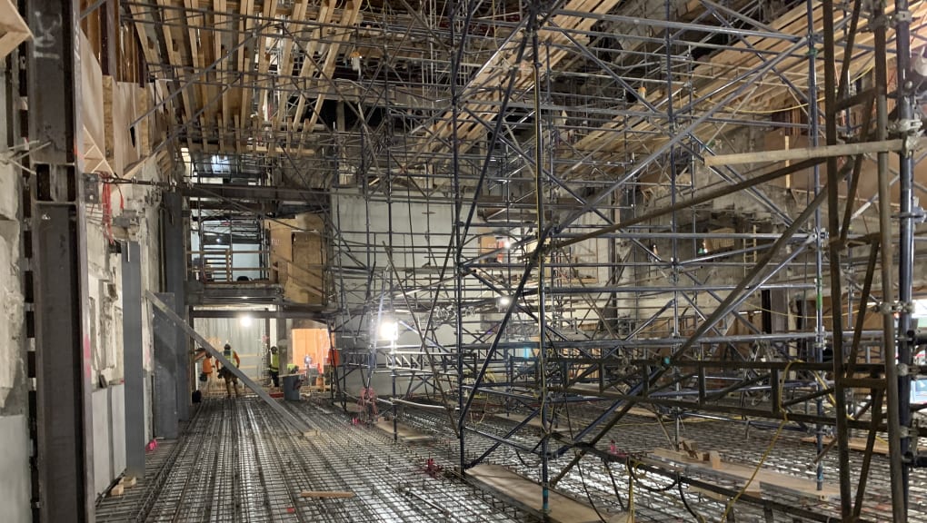 Interior view of construction work at the Tower Theatre Flagship Store