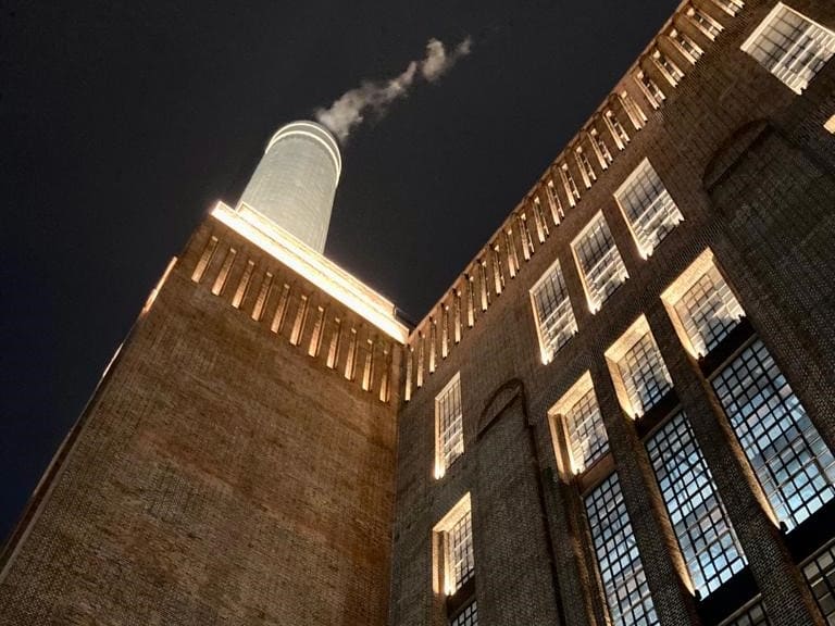 Close-up night view of Battersea Power Station