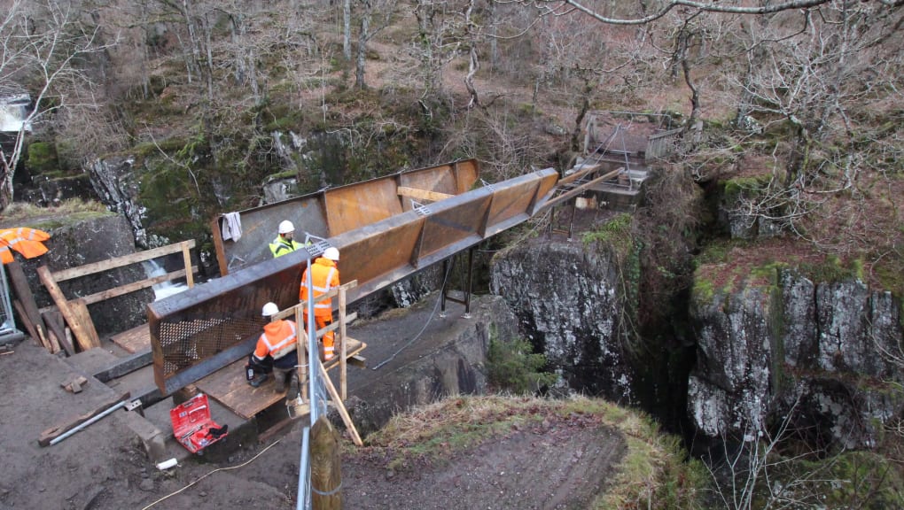 Construction site image of Bracklinn Falls Footbridge. Copyright Timlapse Scotland