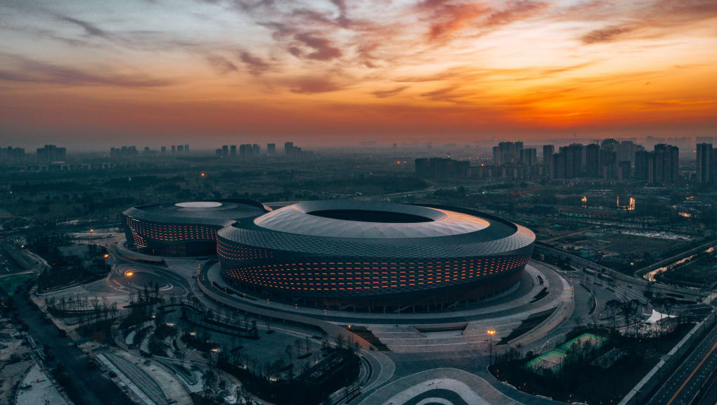 Chengdu Phoenix Mountain Football Stadium at dusk