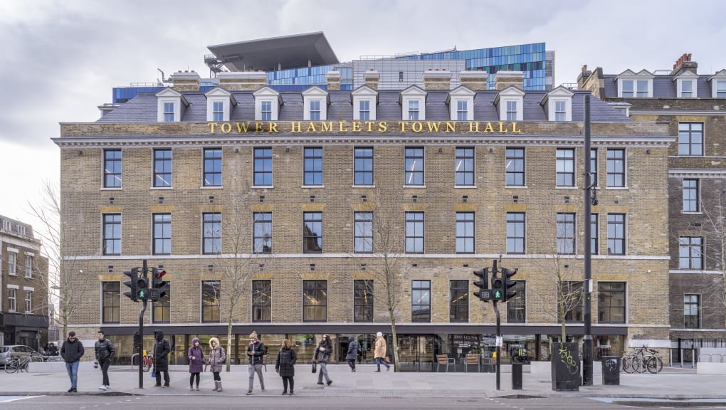 Exterior of Grocer's Wing entrance, Tower Hamlets Town Hall. Copyright Tim Soar