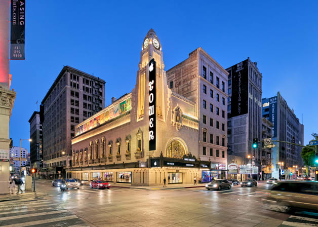 Exterior night view of the Tower Theatre Flagship Store