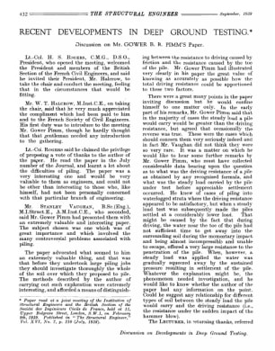 Recent Developments in Deep Ground Testing. Discussion on Mr. Gower B. R. Pimm's Paper.