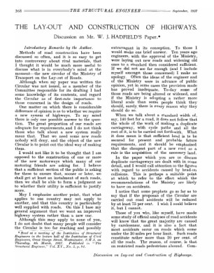 The Lay-out and Construction of Highways. Discussion on Mr. W.J. Hadfield's Paper
