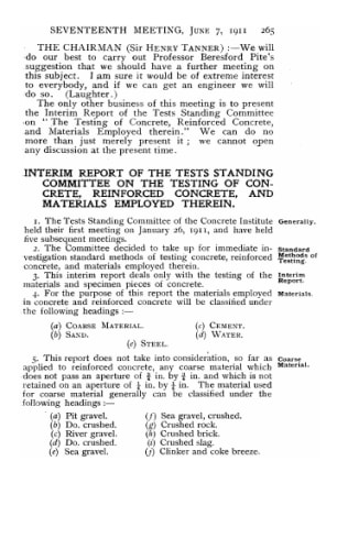 Interim Report of the Tests Standing Committee on the testing of concrete, reinforced concrete, and 