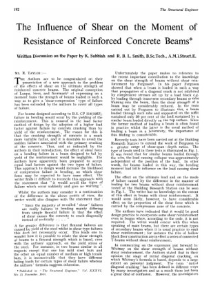 The Influence of Shear on the Moment of Resistance of Reinforced Concrete Beams Written Discussion o