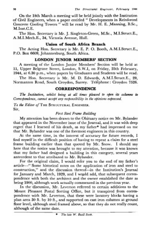 Correspondence. First Steel Frame Building