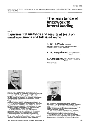 The Resistance of Brickwork to Lateral Loading. Part 1 Experimental Methods and Results of Tests on 