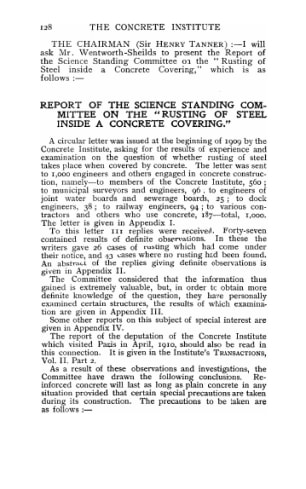 Report of the Science Standing Committee on the "Rusting of steel inside a concrete covering"