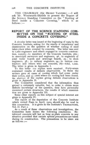 Report of the Science Standing Committee on the "Rusting of steel inside a concrete covering"