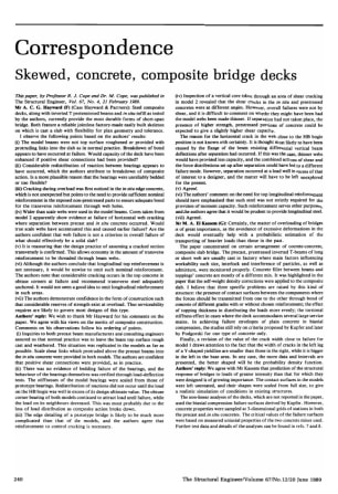 Correspondence on Skewed, Concrete, Composite Bridge Decks by Professor R.J. Cope and Dr. M. Cope
