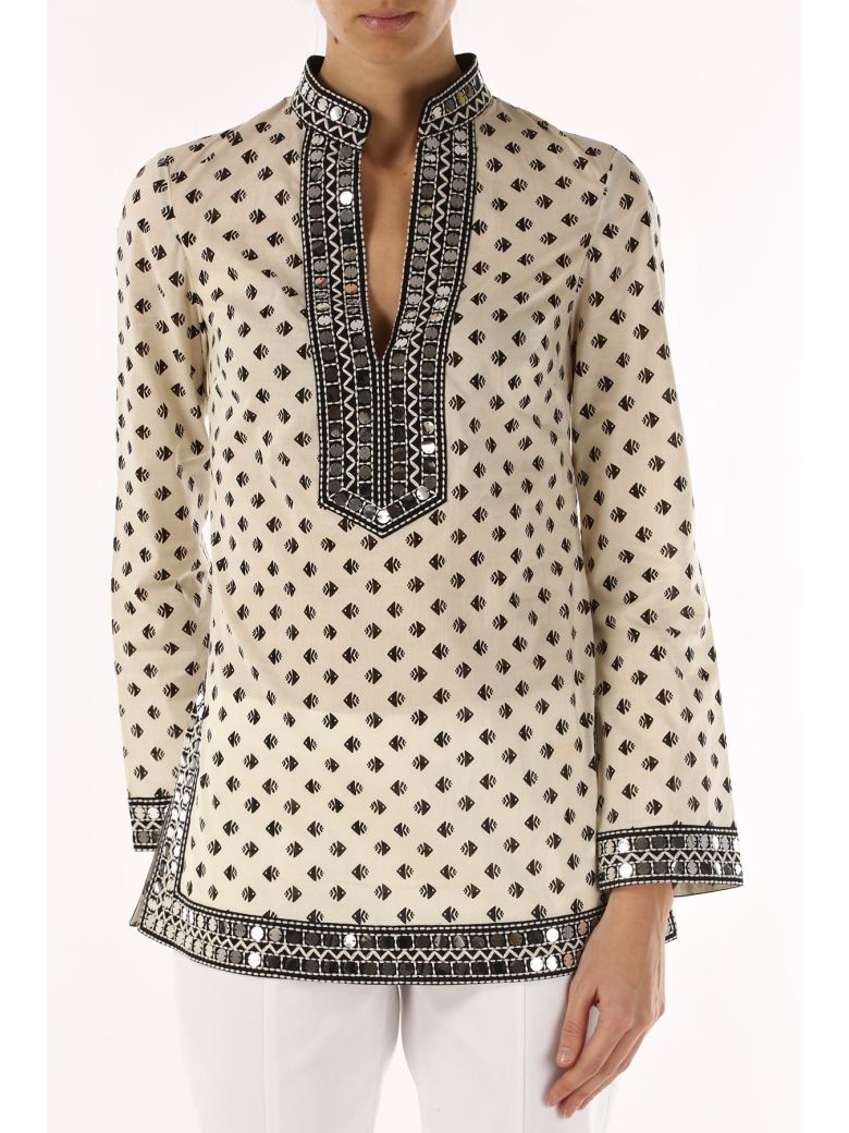 TORY BURCH Fish-Print Sequined-Trim Tunic, Ivory in New Ivory | ModeSens