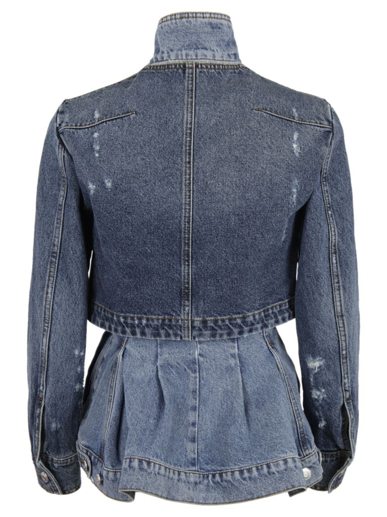 ALEXANDER MCQUEEN Double Layered Peplum Denim Jacket in Middle Deeim