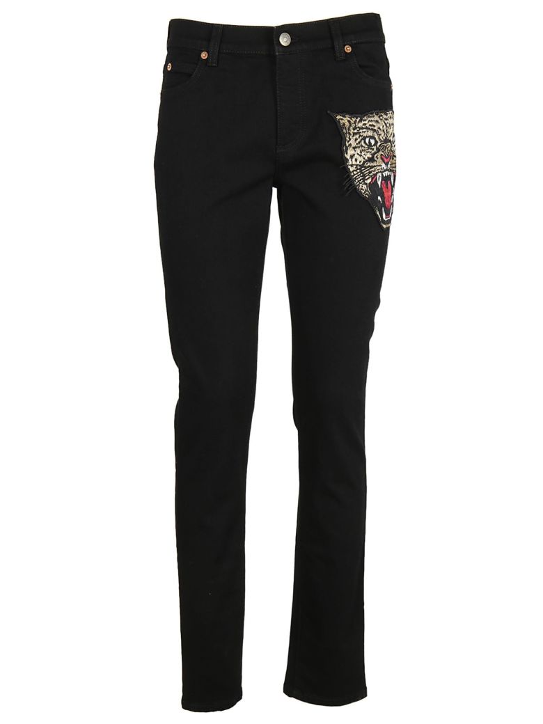 Gucci Angry Cat Embroidered Denim Pants In Black | ModeSens
