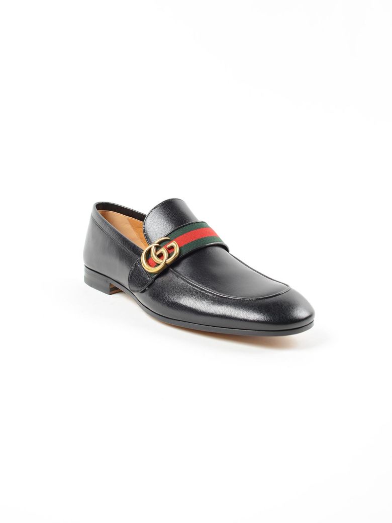GUCCI Leather Loafer With Gg Web - Black Leather in Nero Leather | ModeSens