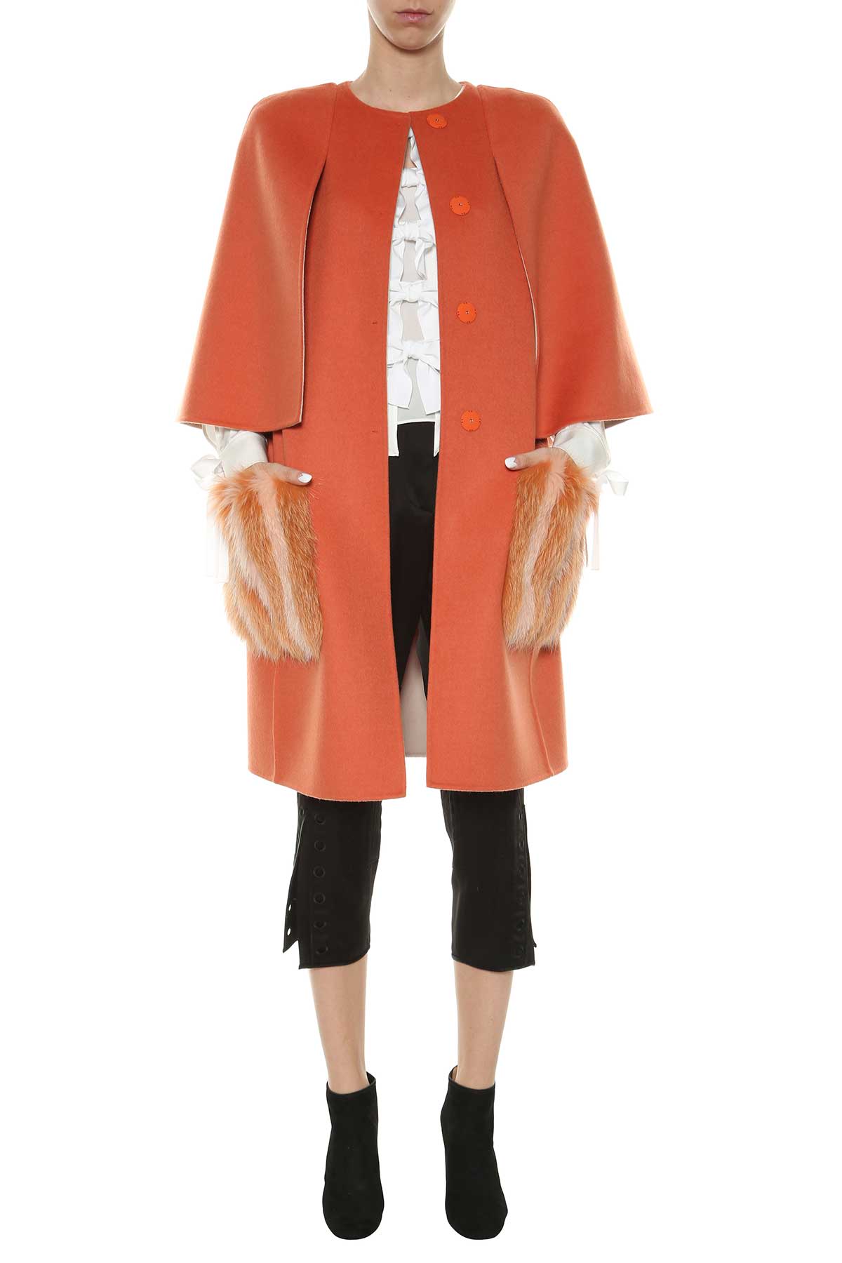 Fendi - Fendi Double Wool Coat With Fur Pockets - Arancio, Women's