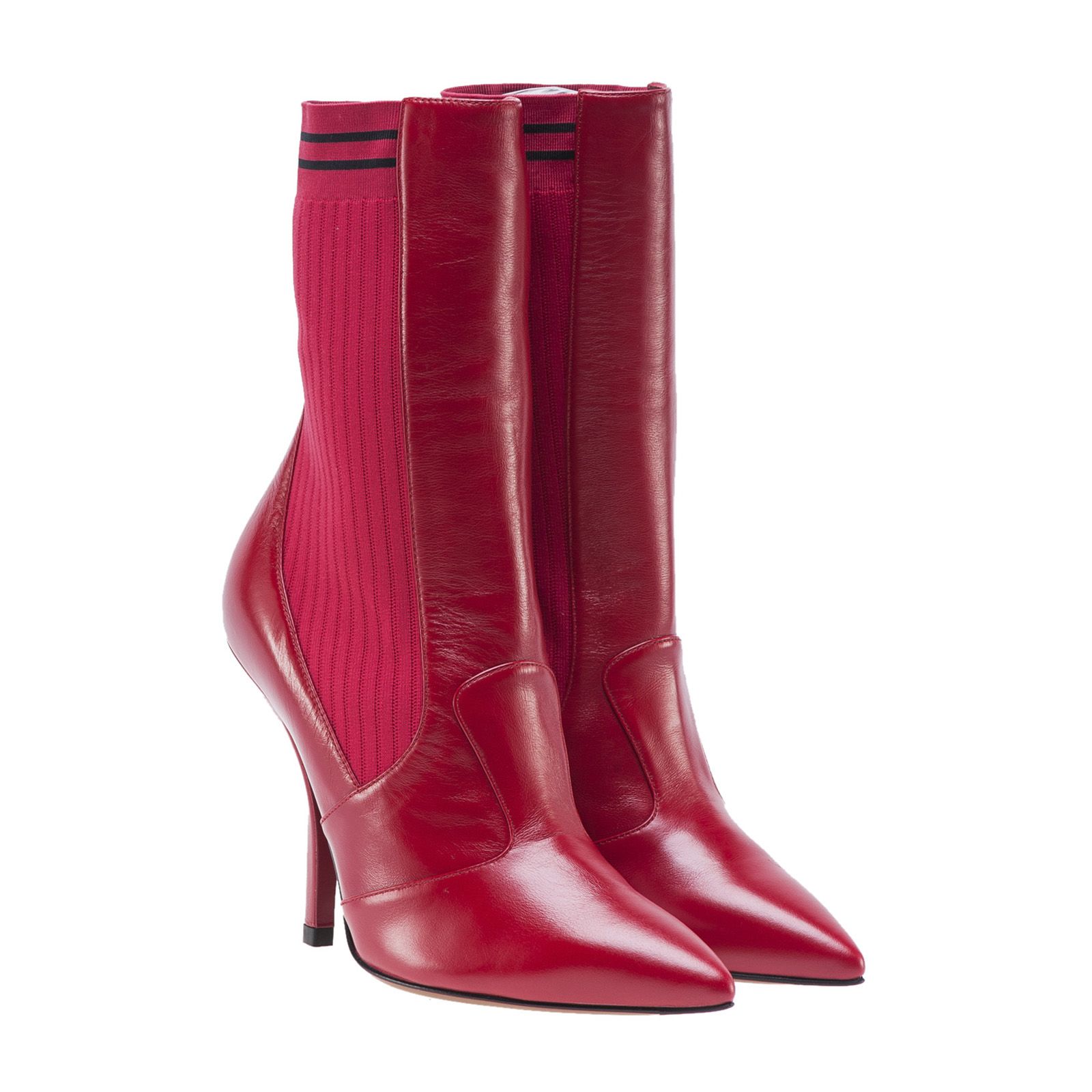Fendi Rockoko Leather And Ribbed Stretch-Knit Sock Boots In Red | ModeSens