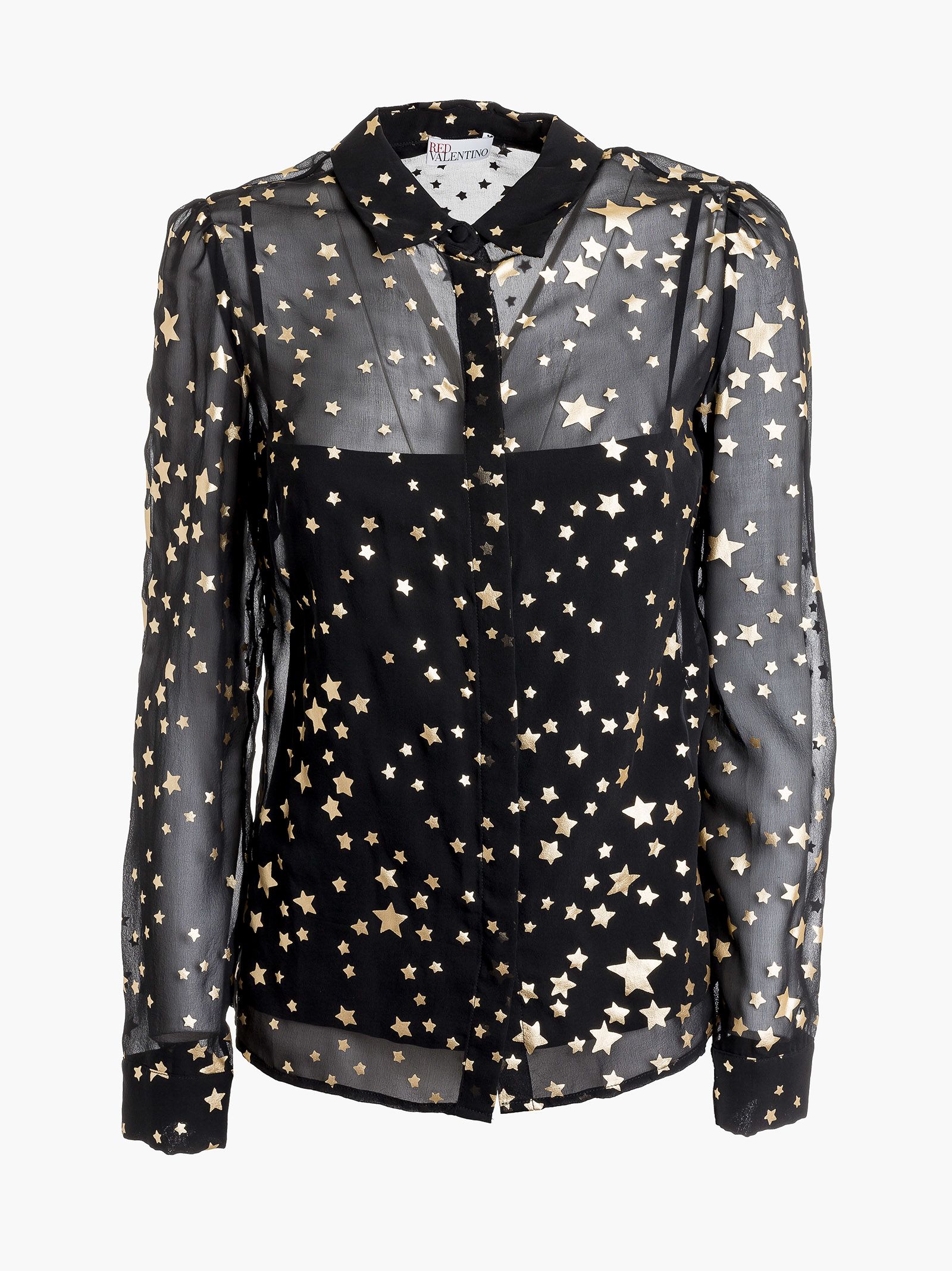 RED VALENTINO Layered Sheer Gold Foil Star Shirt in Black | ModeSens