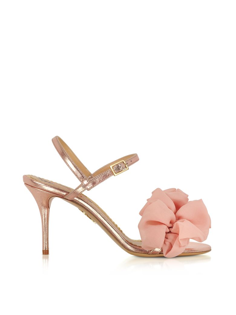 CHARLOTTE OLYMPIA REIA ROSE GOLD METALLIC LEATHER AND PINK ORGANZA HEEL SANDALS,10592882