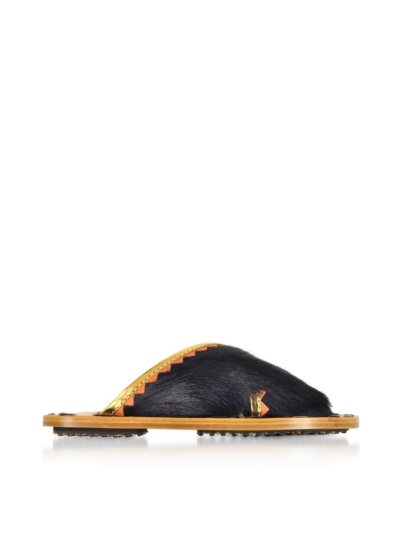 MARNI BLACK HAIRCALF AND LAMINATED LEATHER CROSSOVER SLIDE SANDALS,10592337