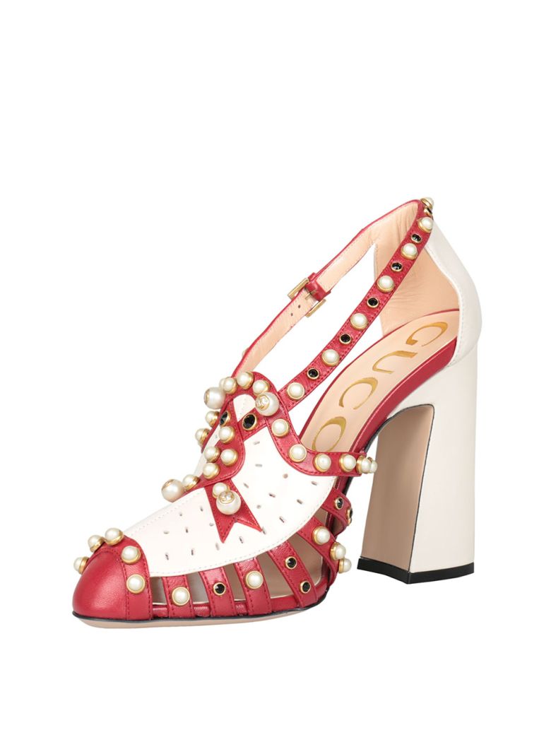 GUCCI TRACY FAUX-PEARL EMBELLISHED LEATHER PUMPS, DK.RED/WHT | ModeSens