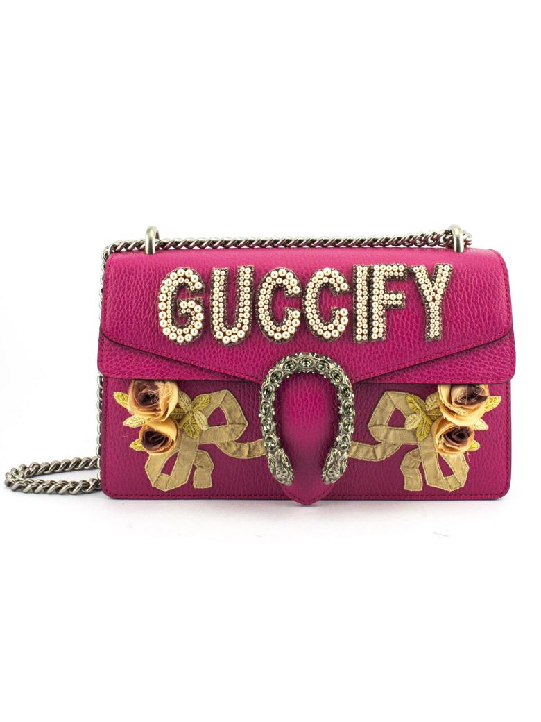 GUCCI PINK LEATHER SMALL SHOULDER BAG WITH GUCCIFY APPLIQUE,10569519