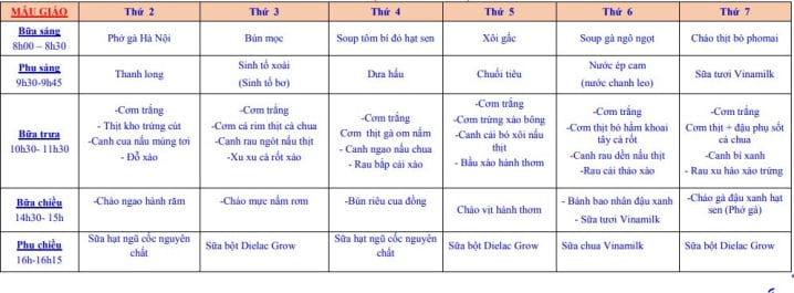 MỘT VÀI MẪU THỰC ĐƠN ĐẠT TIÊU CHUẨN DINH DƯỠNG CHO CÁC TRƯỜNG MẦM NON