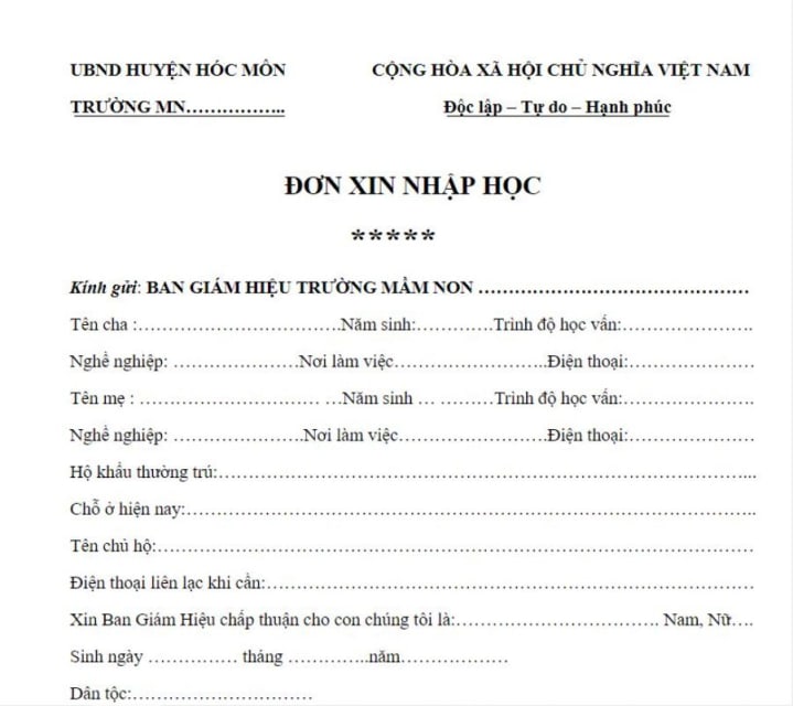 Download Đơn xin nhập học Mầm non năm 2021 - 2021