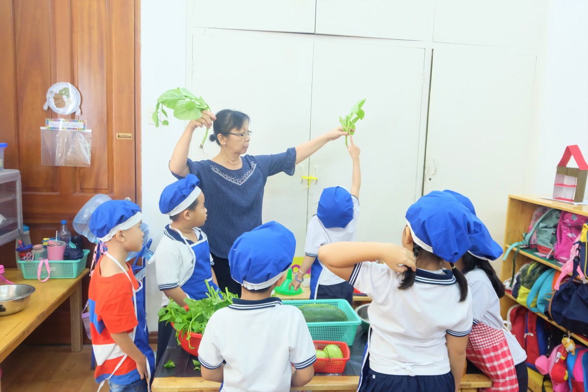 Cùng giúp cô giáo nhặt rau muống và rửa trái cây