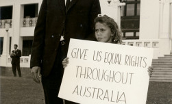 Former boxer Jack Hassen and his daughter demonstrating outside Parliament House, Canberra, in the lead up to the 1967 Referendum. Photo: AIATSIS Collection DIXON.C01.DF-D00000172