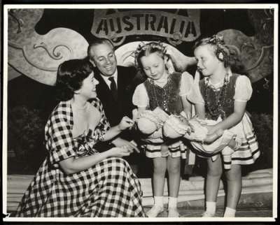 Harold Holt, Minister for Immigration, and Zara Holt with two immigrant girls, c1950.