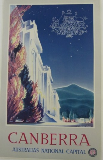 Robert Curtis’s travel poster of Canberra featuring the Provisional Parliament House and Black Mountain. Museum of Australian Democracy collection